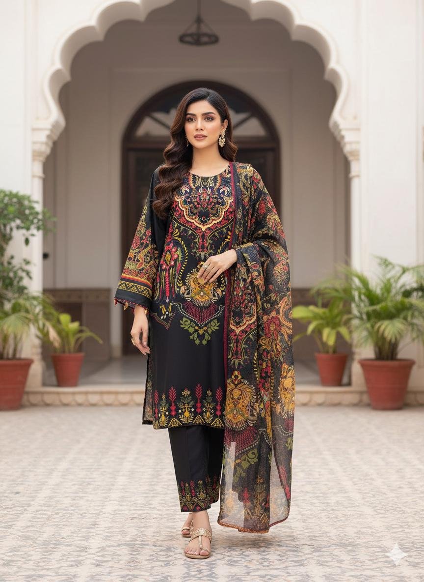 Digital Print 3 Pc Suite with hand work of Pearls and sequence - Image 3