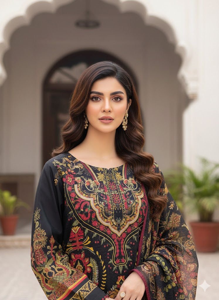 Digital Print 3 Pc Suite with hand work of Pearls and sequence