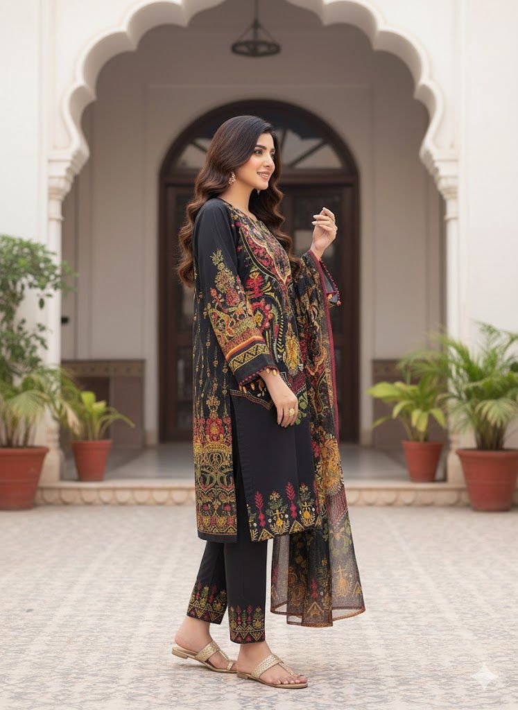 Digital Print 3 Pc Suite with hand work of Pearls and sequence - Image 2