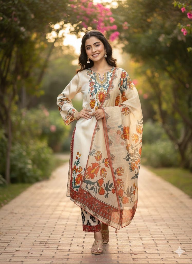 Digital Print 3 Pc Suite with hand work of Pearls and sequence - Image 3