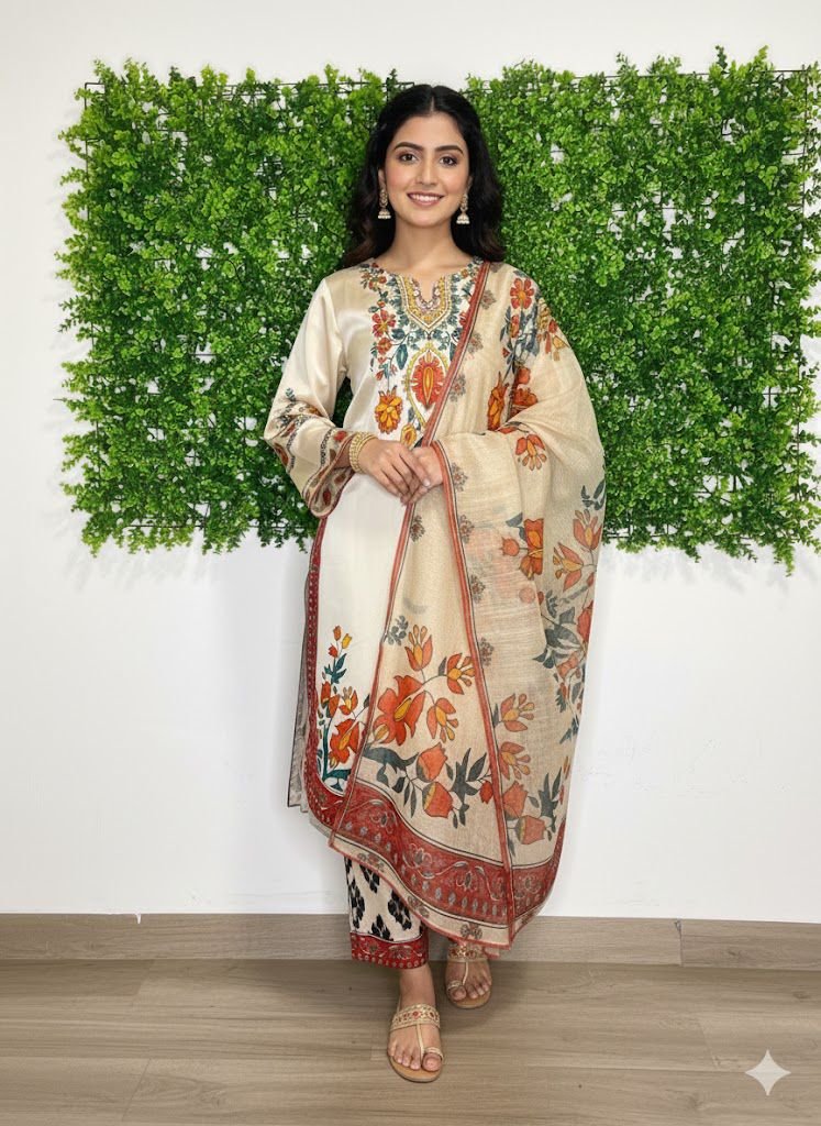 Digital Print 3 Pc Suite with hand work of Pearls and sequence