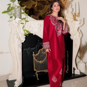 Elegant Red Embroidered Lawn 3-Piece Suit