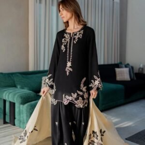 Elegant Black Embroidered with cut work 3-Piece Suit