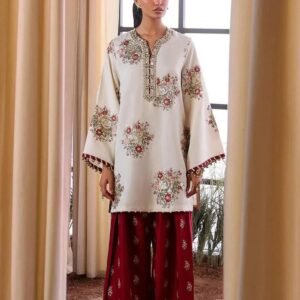 Elegant Ivory Embroidered Kurta with Maroon Palazzo