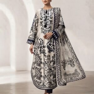Elegant Monochrome Shamooz Digital Print 3-Piece Suit