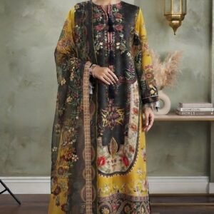 Opulent Black & Mustard Shamos Silk Digital Print Suit